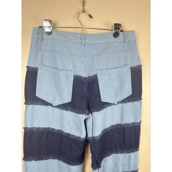 Jeans Women’s Blue Y2K Patchwork Size L High Rise Frayed Straight Leg Raw Hem - Picture 6 of 13
